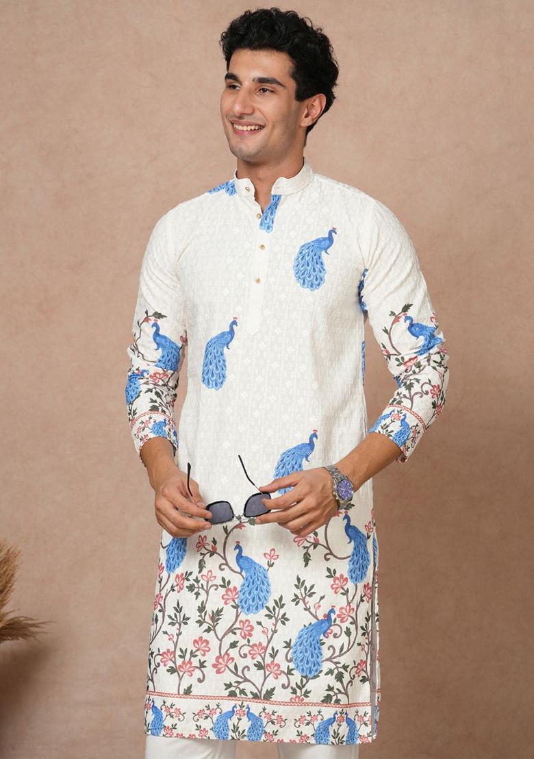 Off White Embroidered Cotton Kurta Set For Men - Indya
