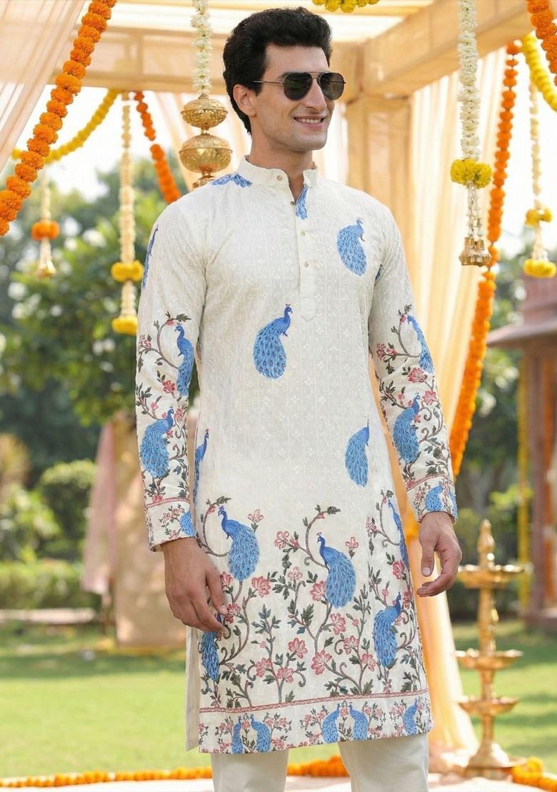 Off White Embroidered Cotton Kurta Set For Men - Indya