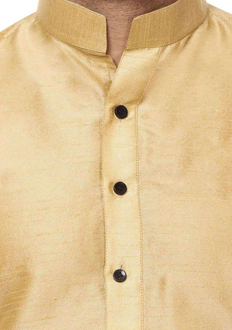 Gold Solid Silk Kurta Set For Men - Indya