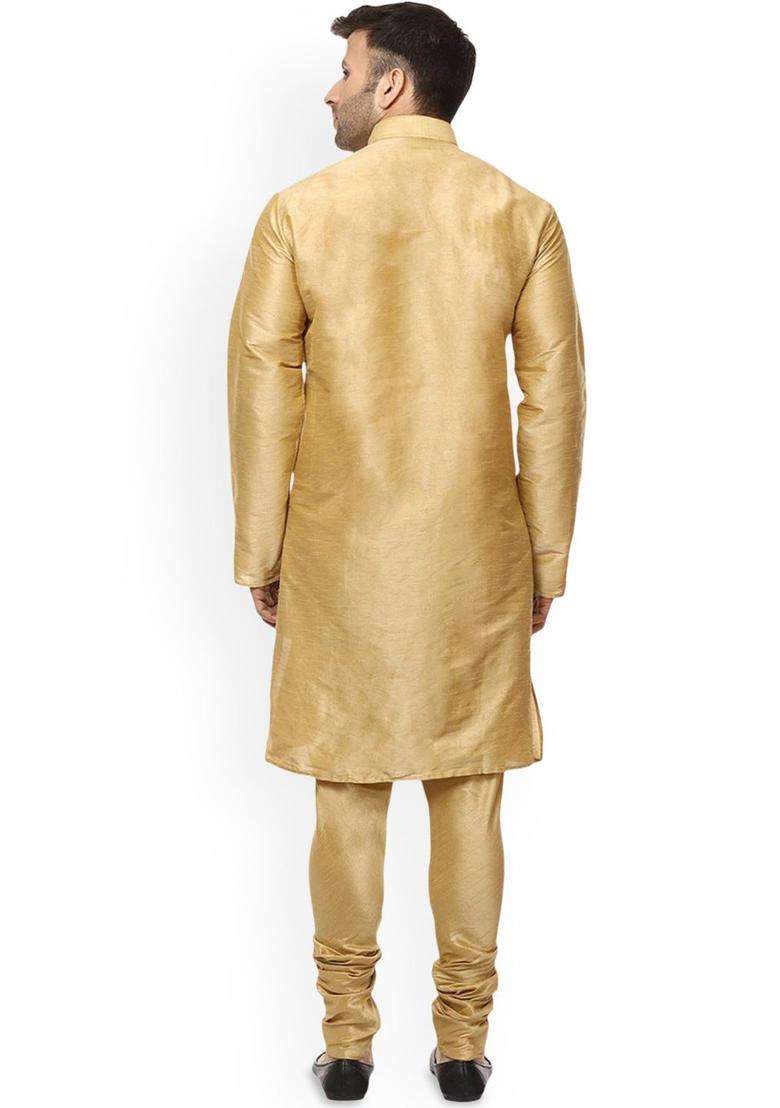 Gold Solid Silk Kurta Set For Men - Indya