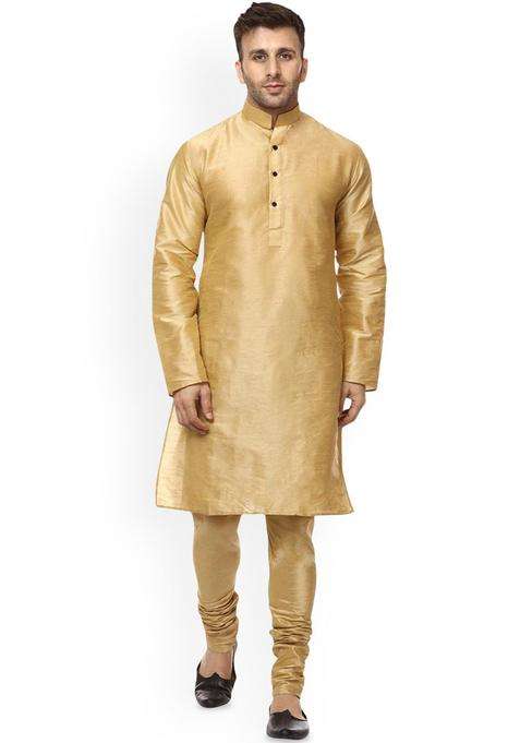 Gold Solid Silk Blend Kurta Set For Men