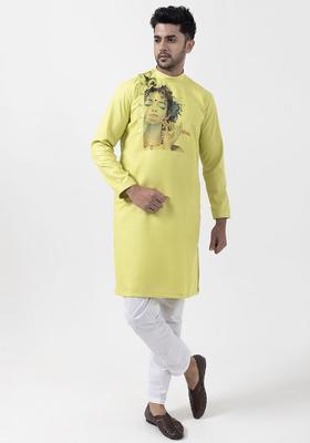 Lime Green Printed Cotton Kurta Set For Men