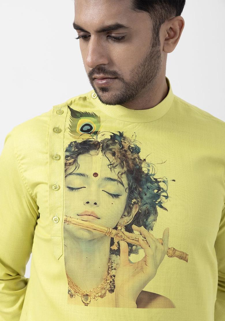 Lime Green Printed Cotton Kurta Set For Men - Indya