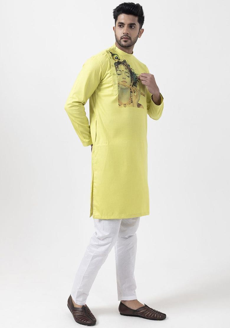 Lime Green Printed Cotton Kurta Set For Men - Indya