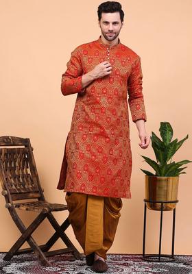Maroon Woven Design Cotton Kurta Set For Men