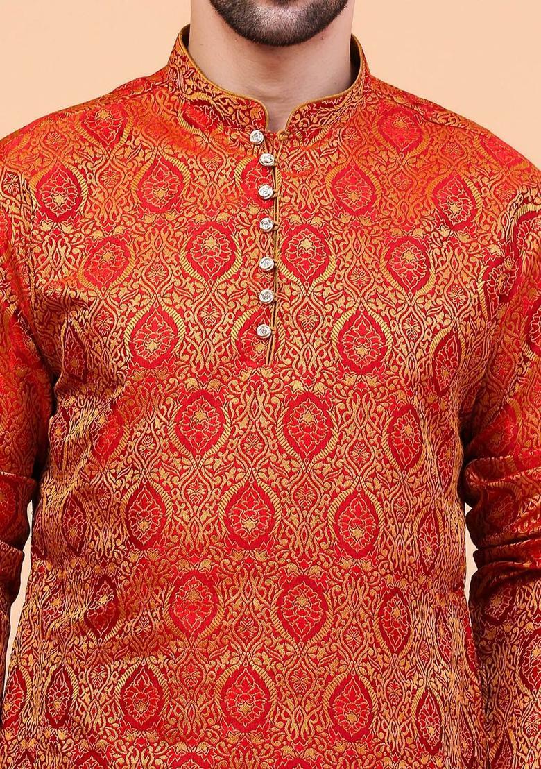 Maroon Woven Design Cotton Kurta Set For Men - Indya