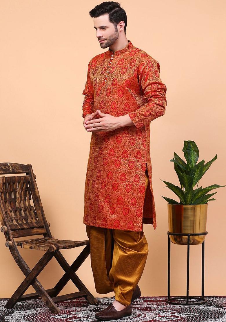 Maroon Woven Design Cotton Kurta Set For Men - Indya