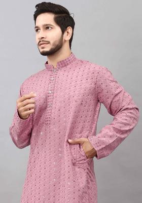 Pink Embroidered Cotton Kurta Set For Men