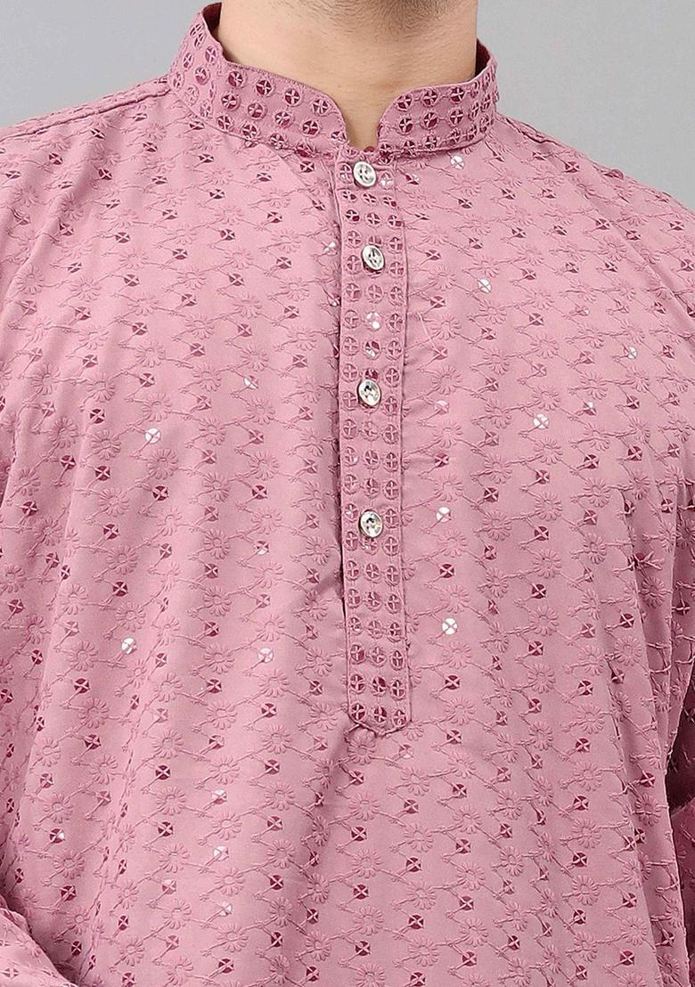 Pink Embroidered Cotton Kurta Set For Men - Indya