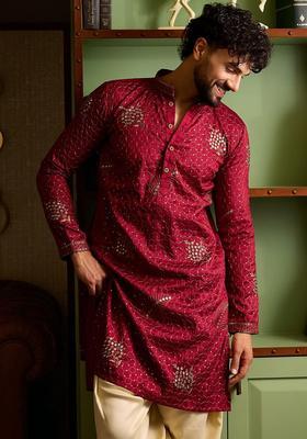 Maroon Embroidered Silk Kurta Set For Men