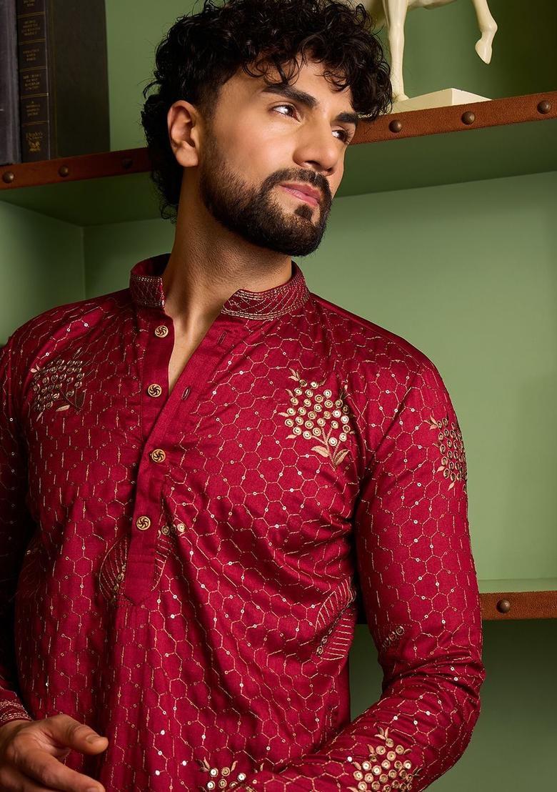 Maroon Embroidered Silk Kurta Set For Men - Indya