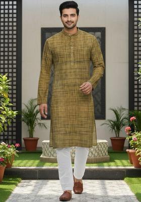 Olive Woven Design Cotton Kurta Set For Men
