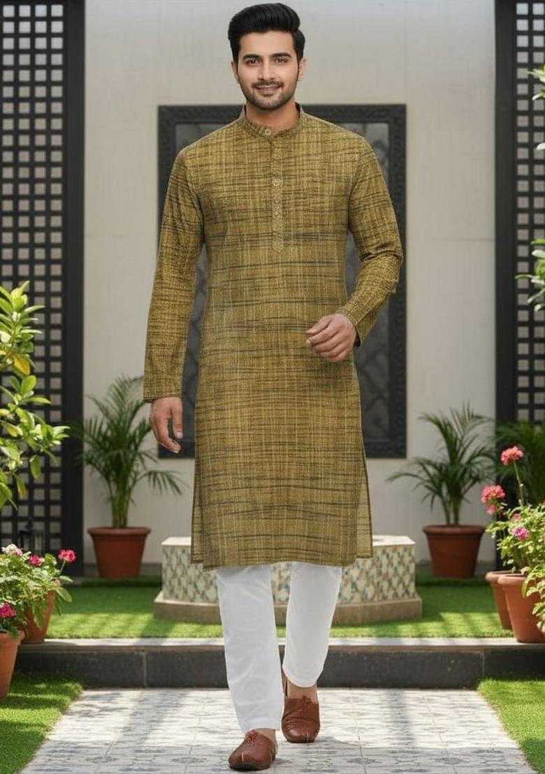Olive Woven Design Cotton Kurta Set For Men - Indya