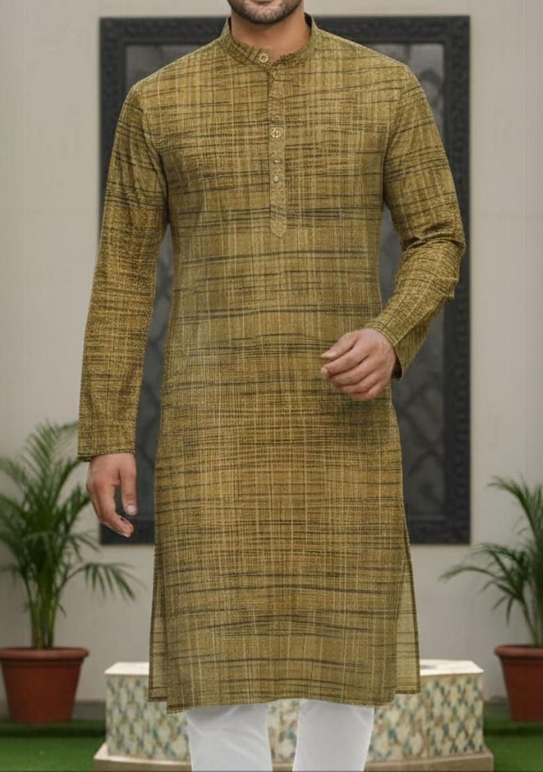 Olive Woven Design Cotton Kurta Set For Men - Indya