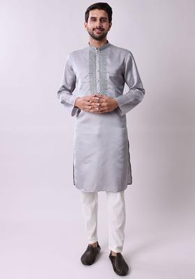 Grey Embroidered Silk Kurta Set For Men