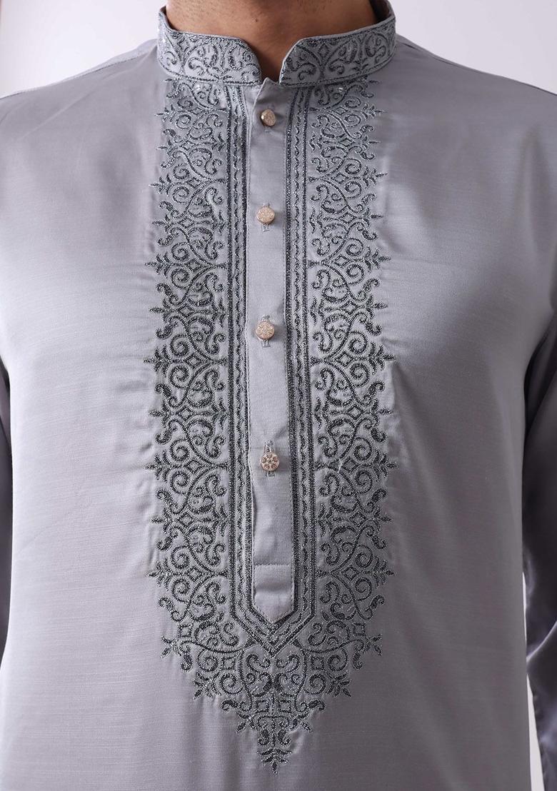Grey Embroidered Silk Kurta Set For Men - Indya
