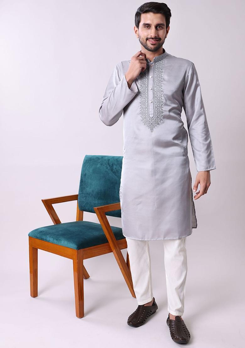 Grey Embroidered Silk Kurta Set For Men - Indya