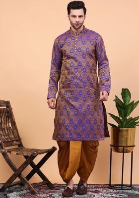 Blue Woven Design Cotton Kurta Set For Men