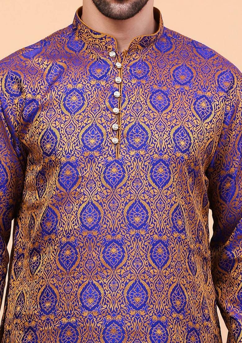 Blue Woven Design Cotton Kurta Set For Men - Indya