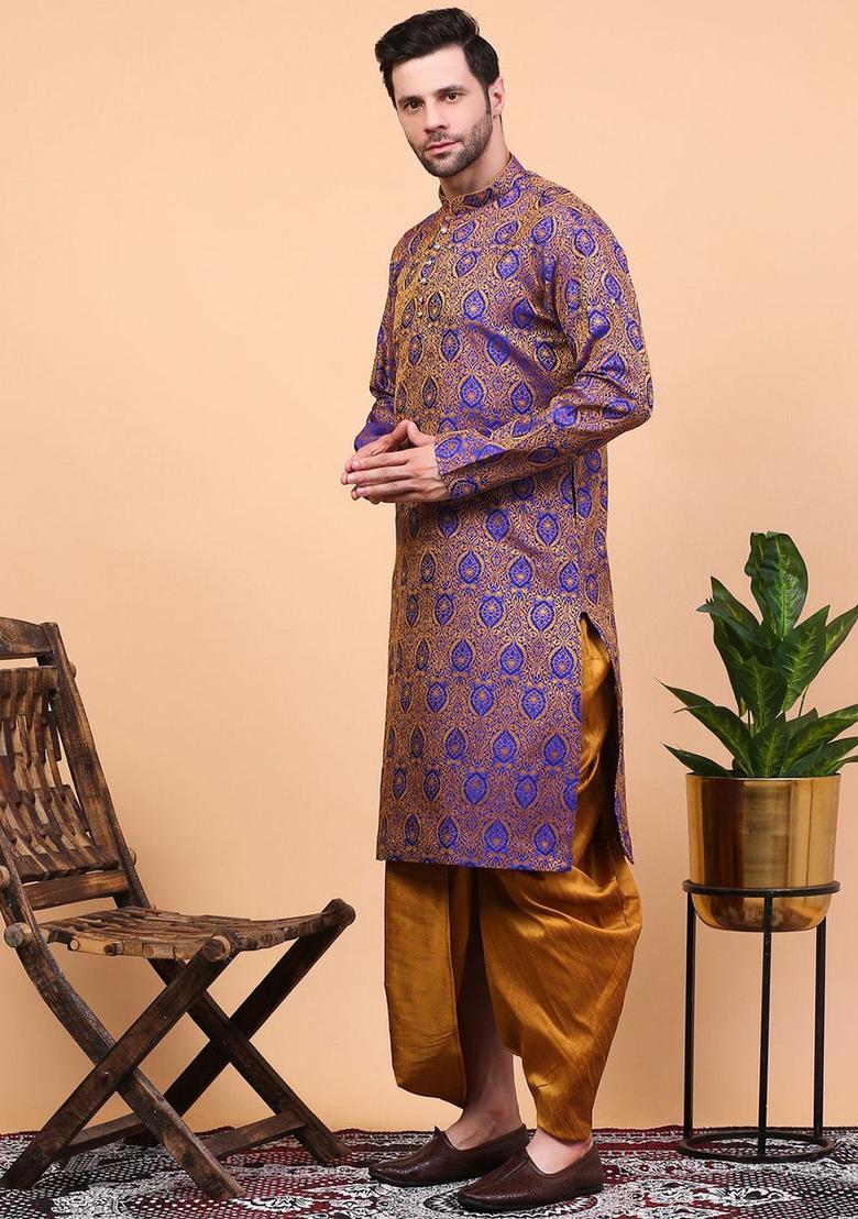 Blue Woven Design Cotton Kurta Set For Men - Indya