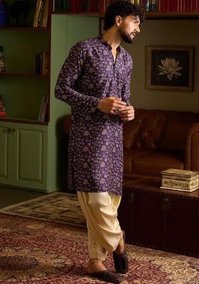 Purple Printed Silk Kurta Set For Men