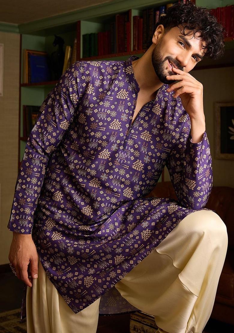 Purple Printed Silk Kurta Set For Men - Indya