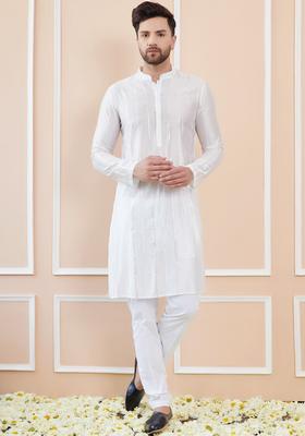 Off White Embroidered Cotton Kurta Set For Men