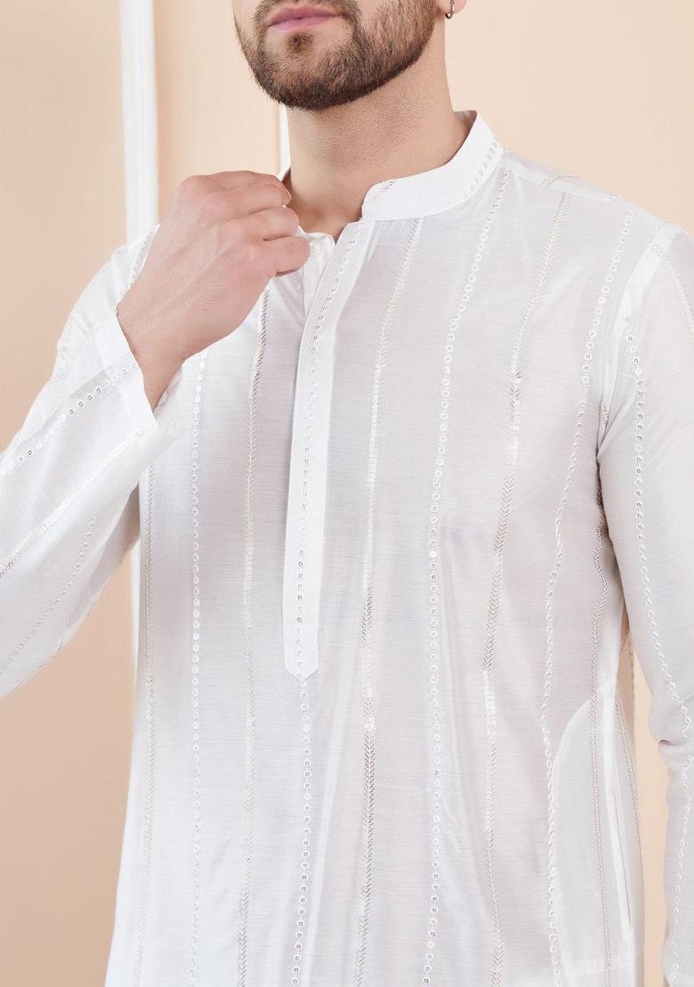 Off White Embroidered Cotton Kurta Set For Men - Indya