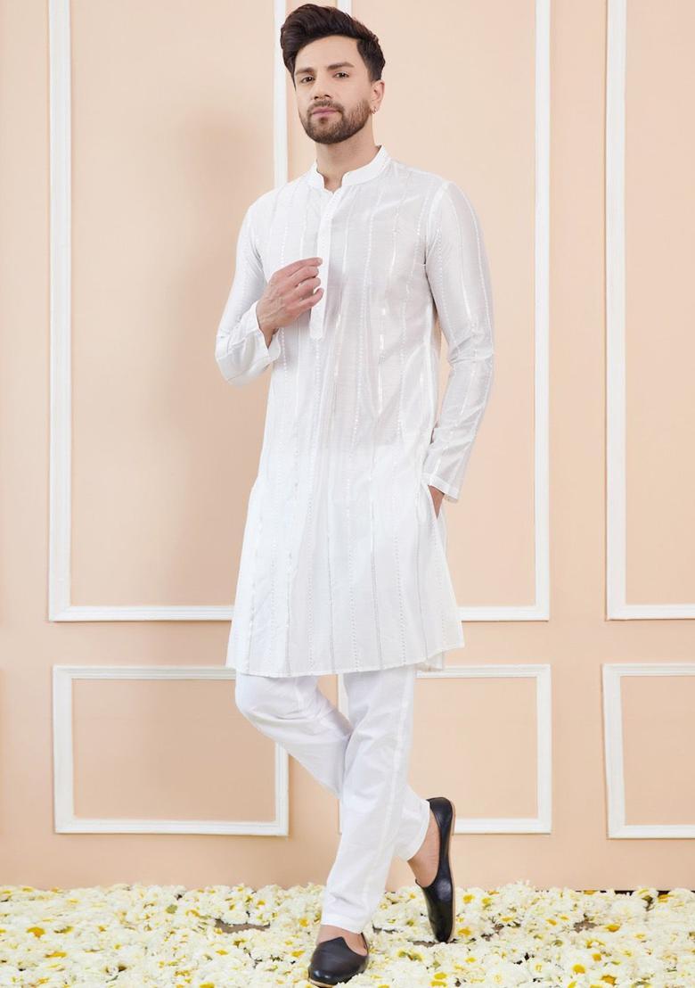 Off White Embroidered Cotton Kurta Set For Men - Indya