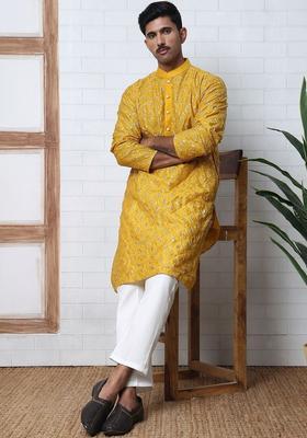 Yellow Embroidered Silk Kurta Set For Men