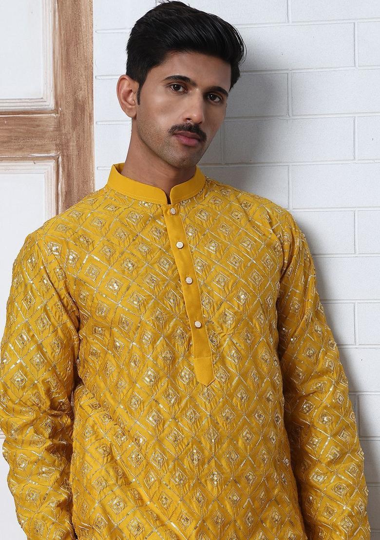 Yellow Embroidered Silk Kurta Set For Men - Indya
