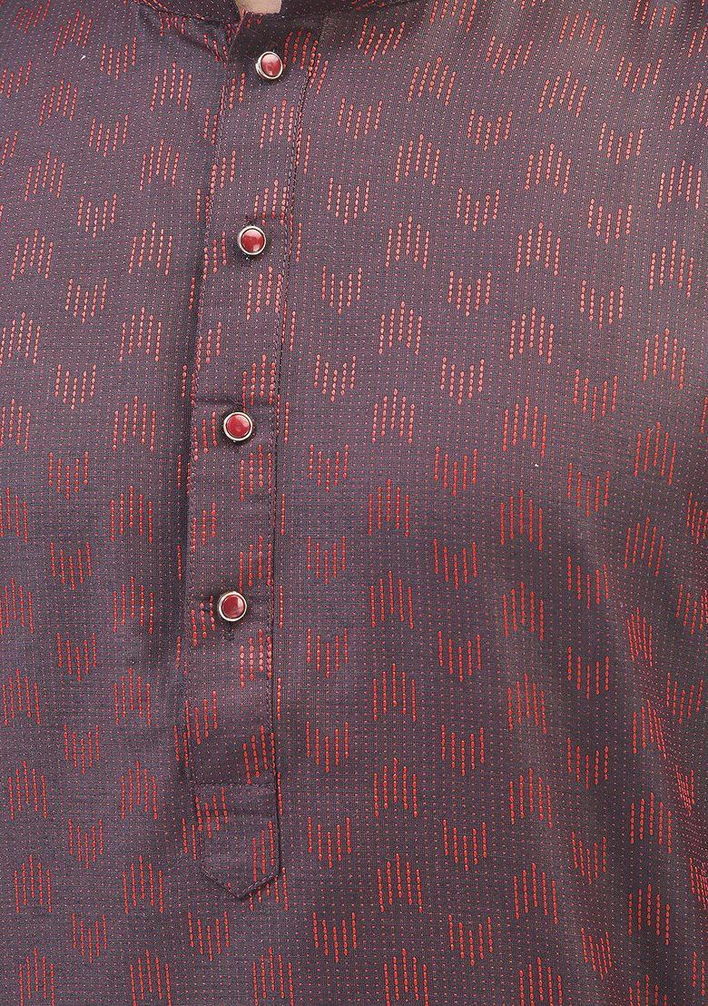 Maroon Woven Design Cotton Kurta Set For Men - Indya