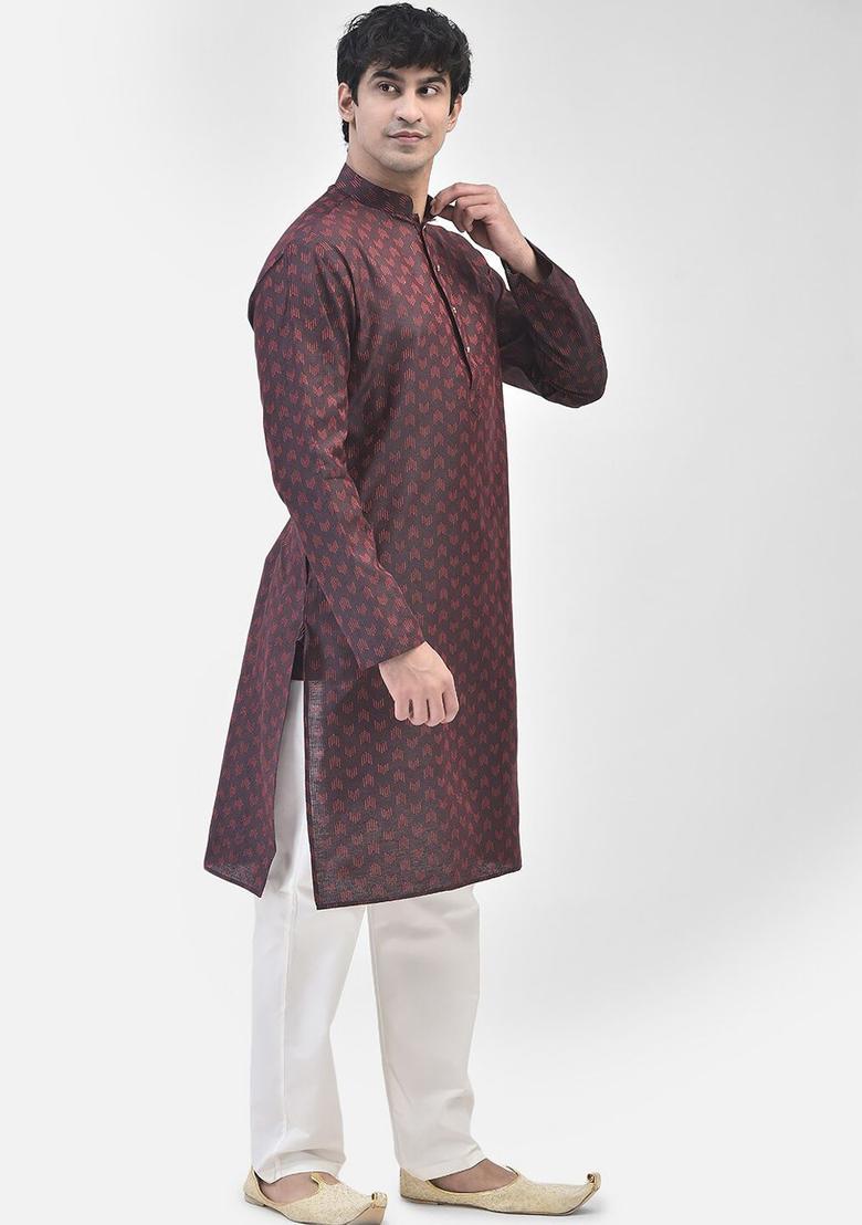 Maroon Woven Design Cotton Kurta Set For Men - Indya