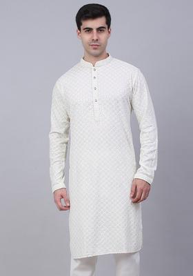 Off White Embroidered Viscose Kurta Set For Men