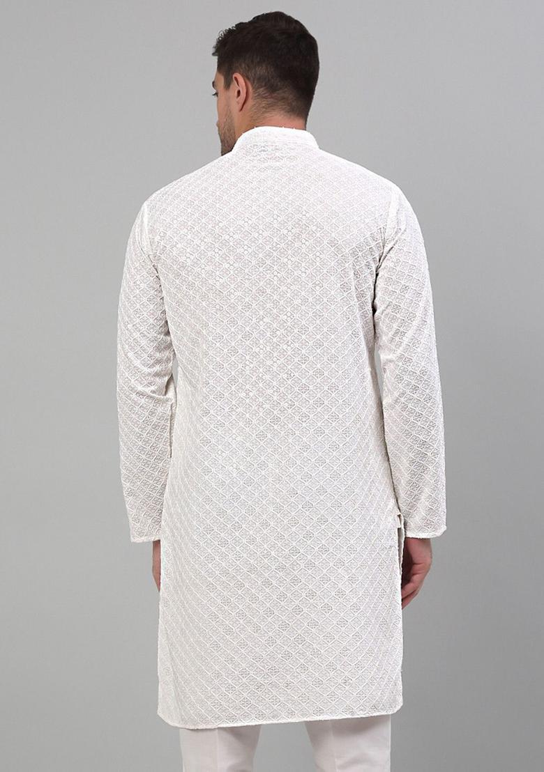 Off White Embroidered Viscose Kurta Set For Men - Indya