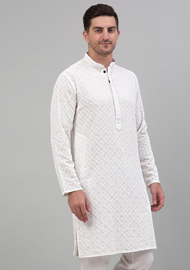 Off White Embroidered Viscose Kurta Set For Men - Indya