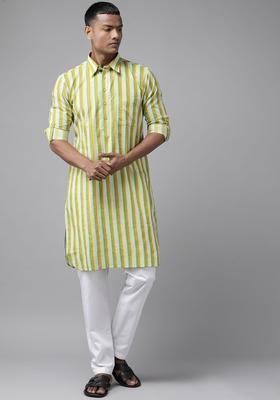 Lime Green Striped Cotton Kurta Set For Men