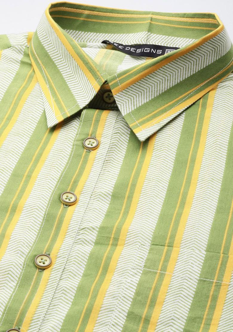 Lime Green Striped Cotton Kurta Set For Men - Indya