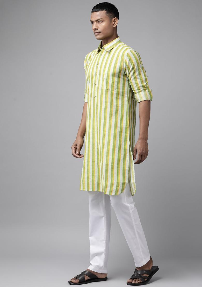 Lime Green Striped Cotton Kurta Set For Men - Indya