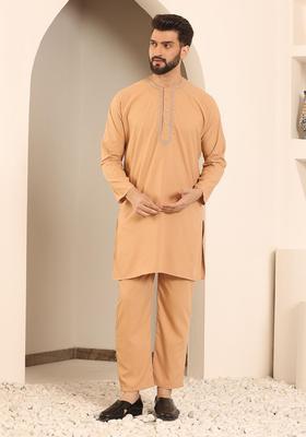 Rose Gold Embroidered Cotton Kurta Set For Men