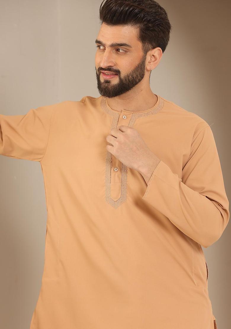 Rose Gold Embroidered Cotton Kurta Set For Men - Indya