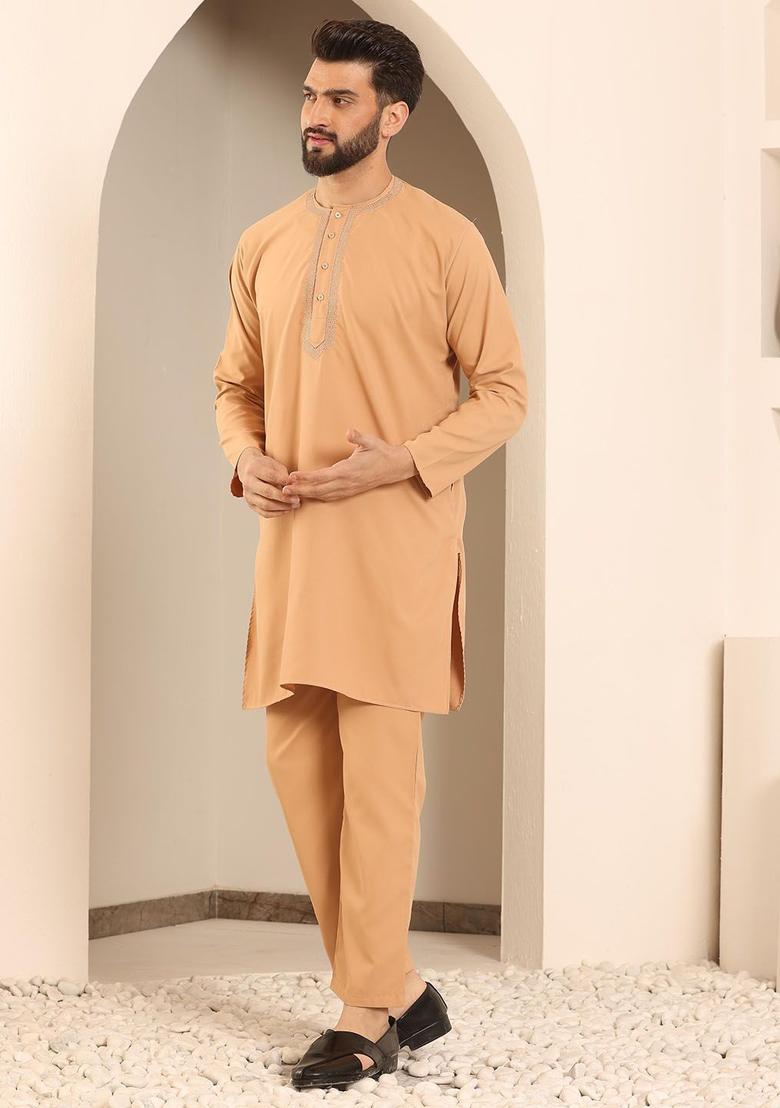 Rose Gold Embroidered Cotton Kurta Set For Men - Indya