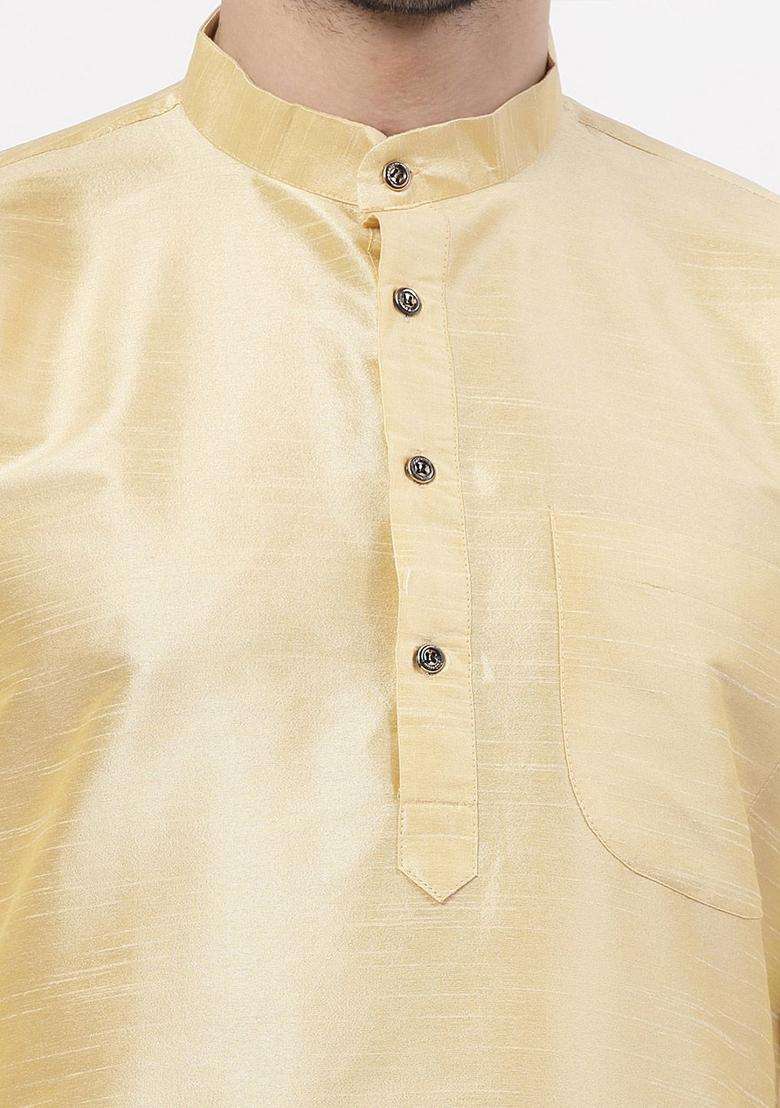 Gold Solid Silk Kurta Set For Men - Indya
