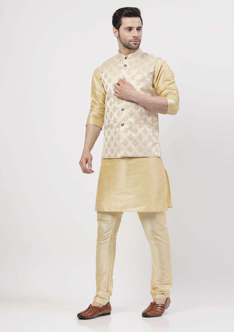 Gold Solid Silk Kurta Set For Men - Indya