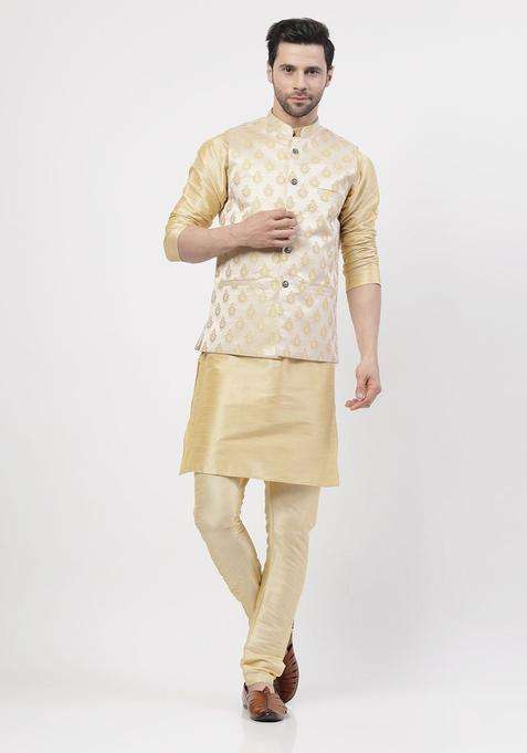 Gold Solid Silk Blend Kurta Set For Men