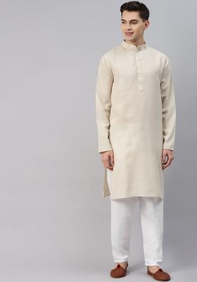 Cream Solid Cotton Kurta Set For Men