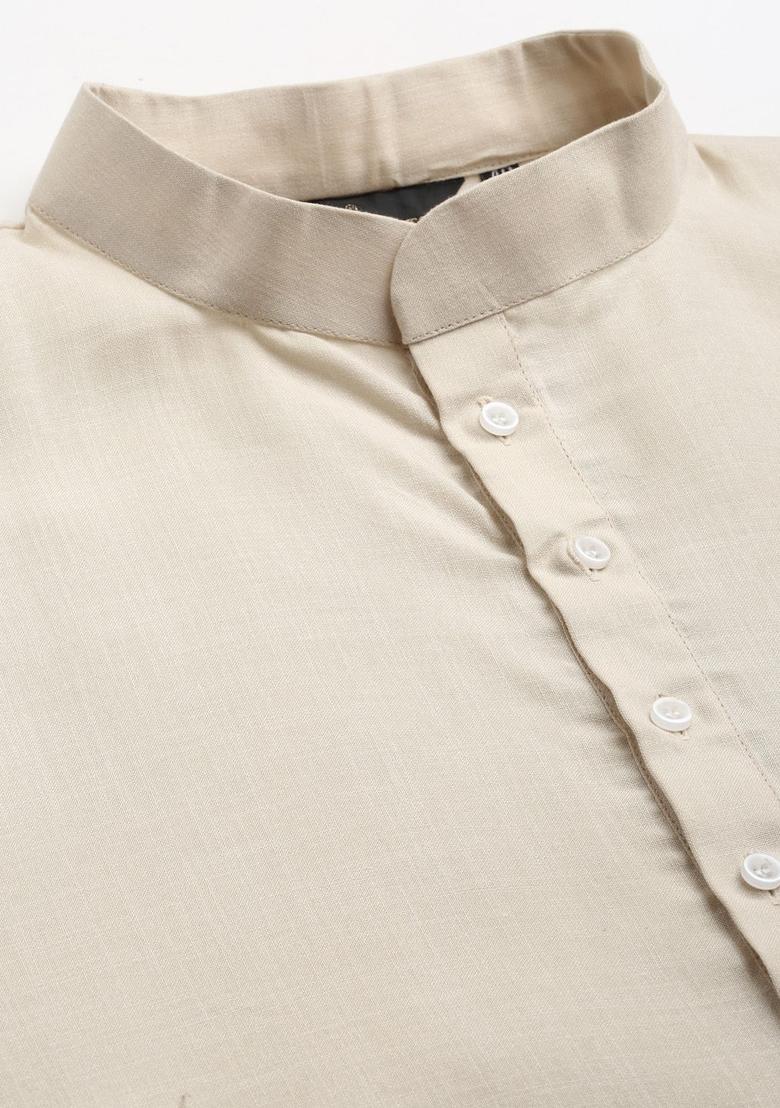 Cream Solid Cotton Kurta Set For Men - Indya