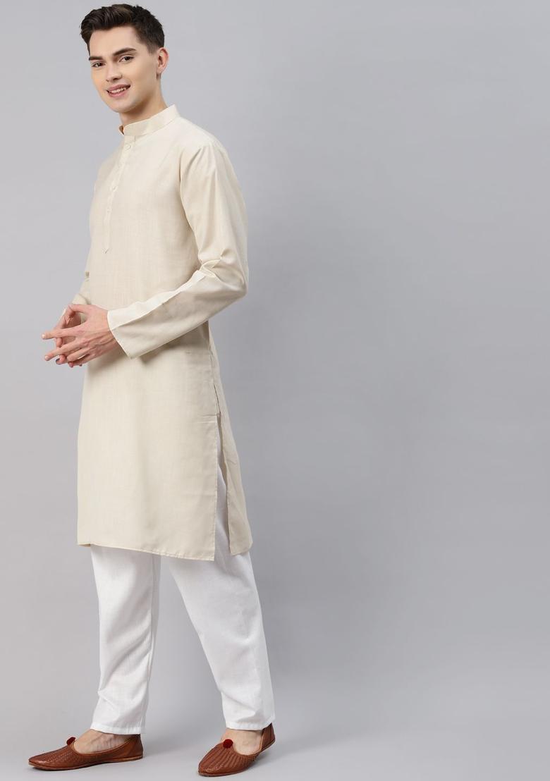Cream Solid Cotton Kurta Set For Men - Indya