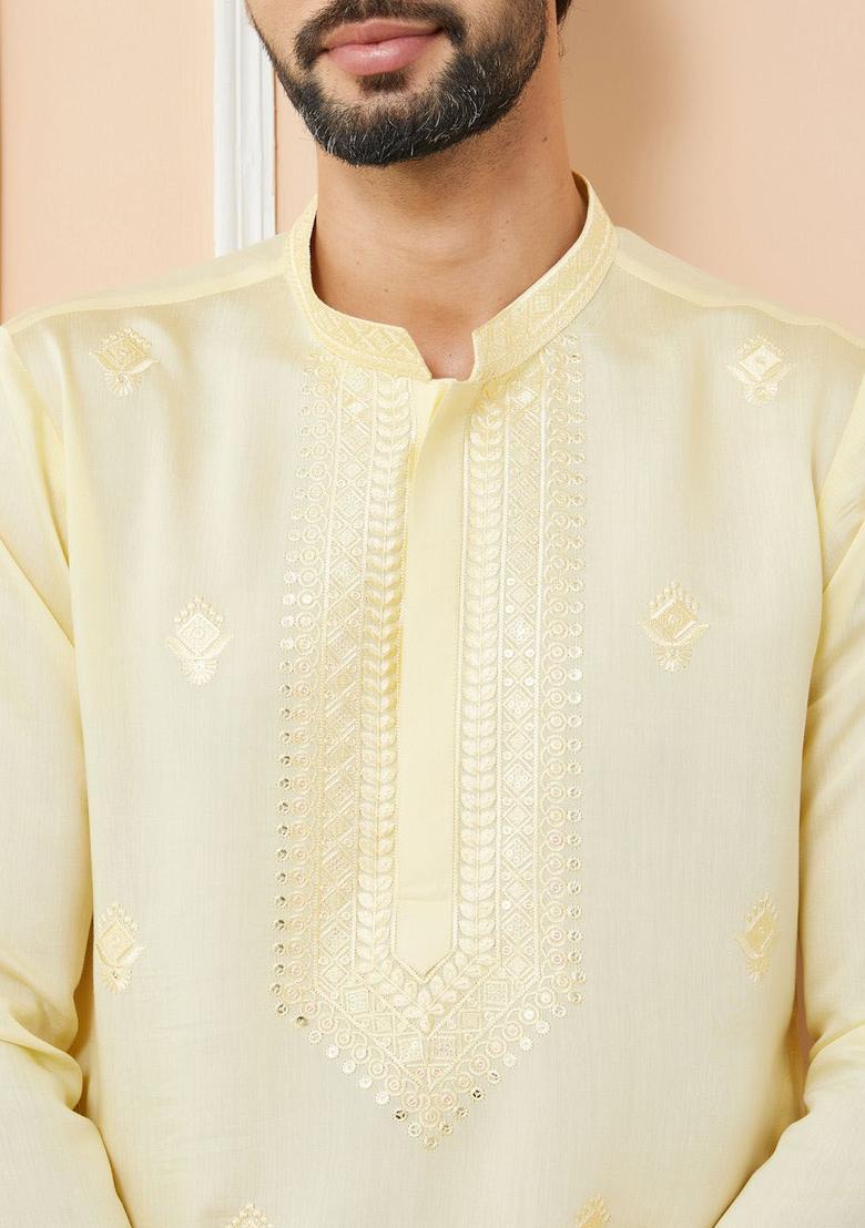 Yellow Embroidered Silk Kurta Set For Men - Indya