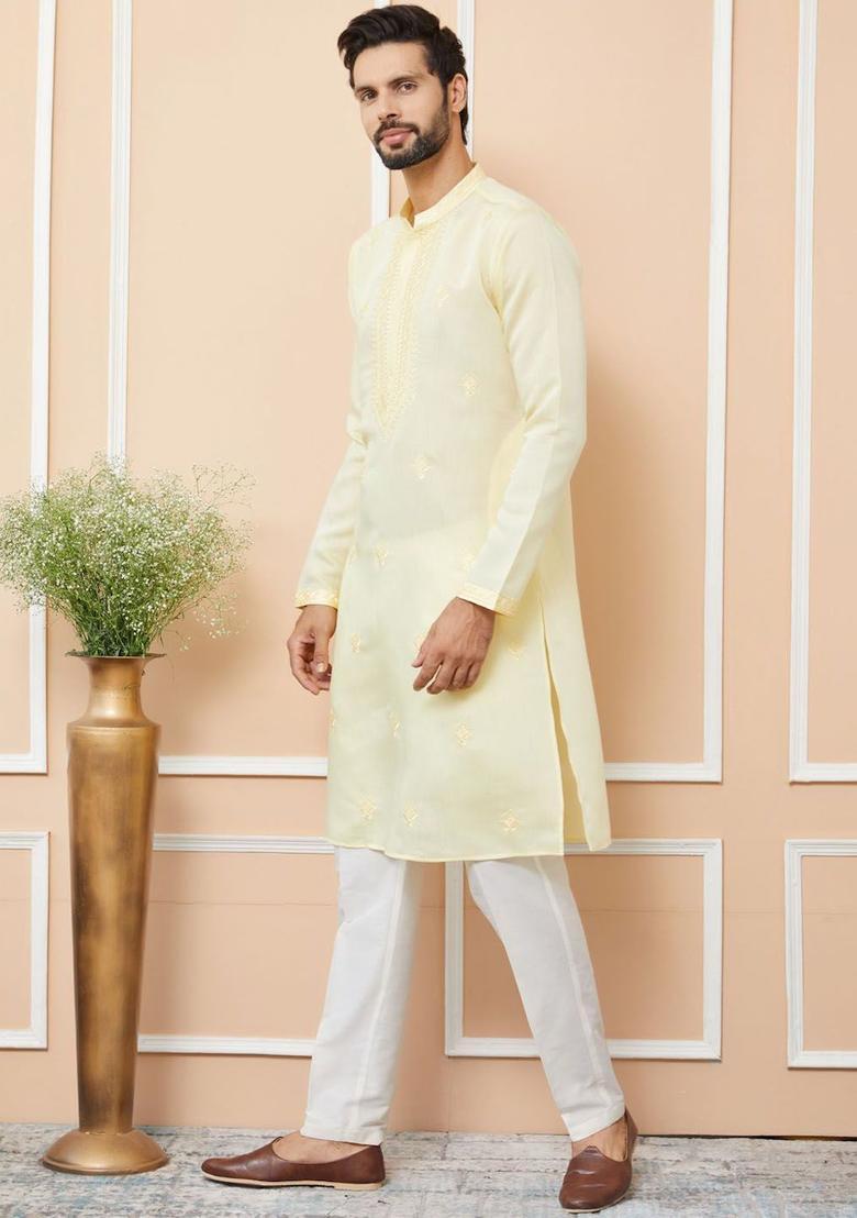 Yellow Embroidered Silk Kurta Set For Men - Indya